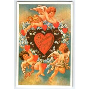 A Valentine Greeting Postcard Cherub Angels Flying With Hearts Flowers Hong Kong